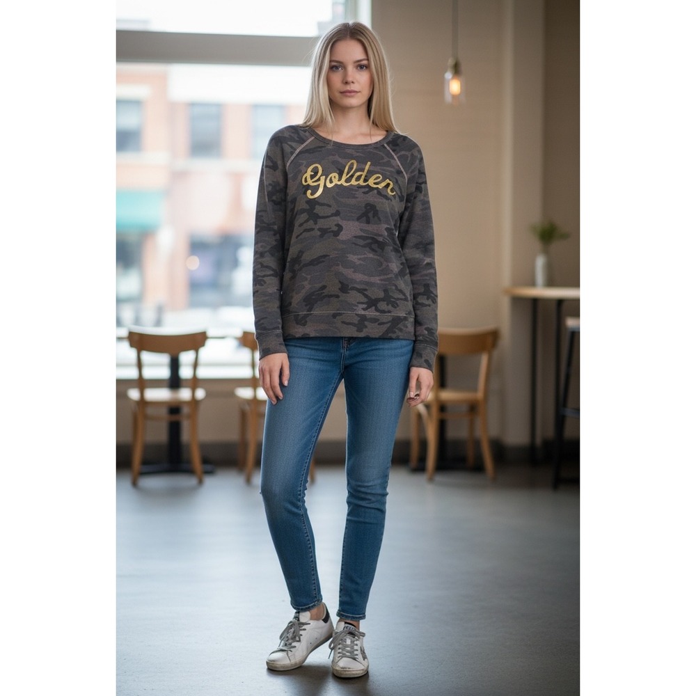 Sundry Golden Camo Sweatshirt 0 XS Gold Green Metallic Graphic Raglan Utility